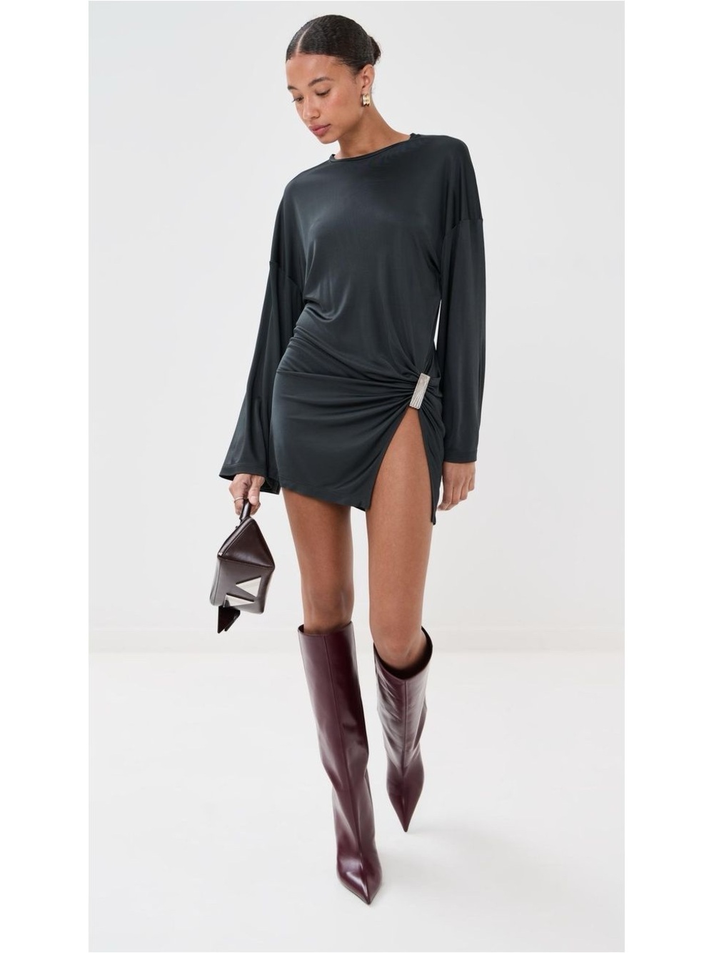 The Attico Black Long-Sleeve Mini Dress with Side Knot